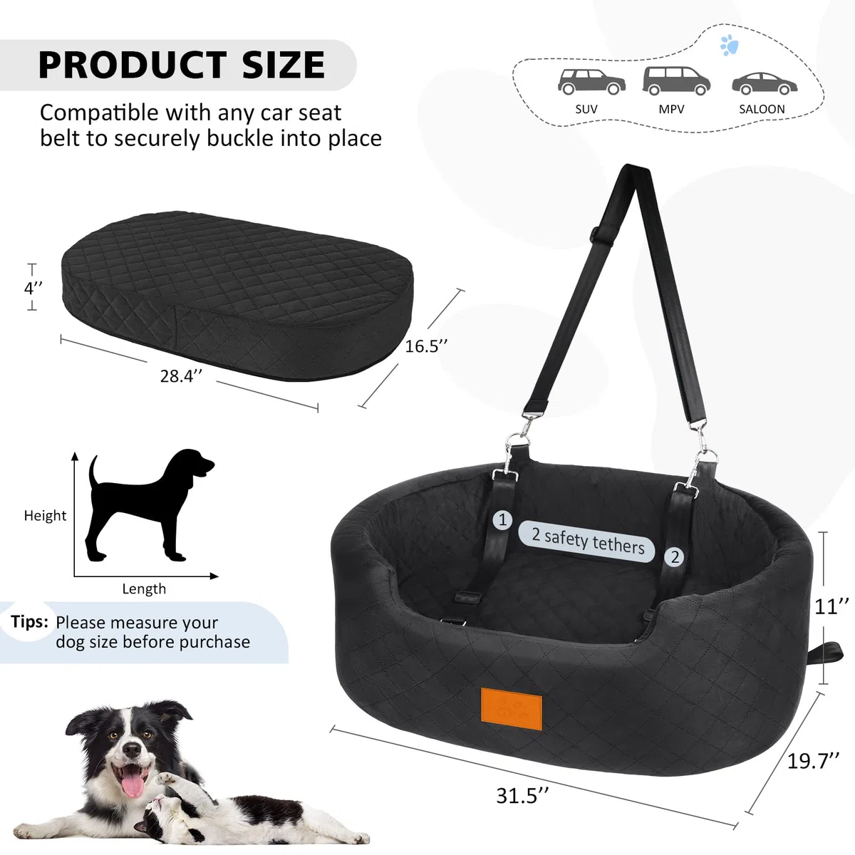 Asiento de coche para perros medianos de hasta 50 libras, asiento elevador para mascotas para automóviles, SUV y camiones, cama de viaje para perros con correa de seguridad, cojín grueso, base