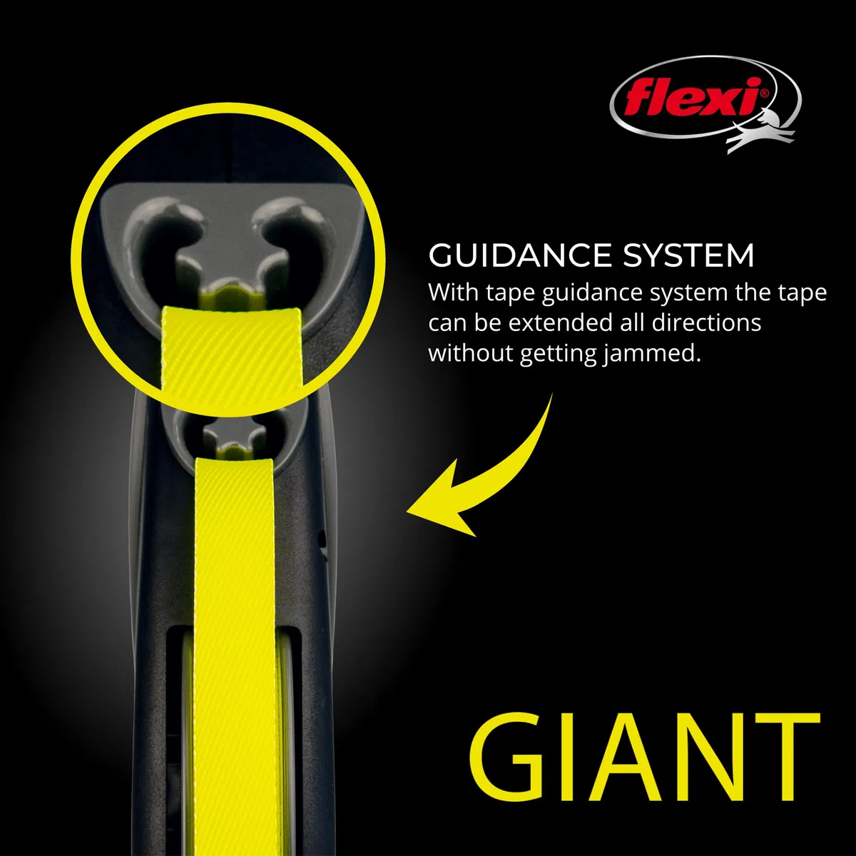 Flexi Correa retráctil Gigante Mediana para Perro (Cinta), 26 pies, Mediano, Negro/neón