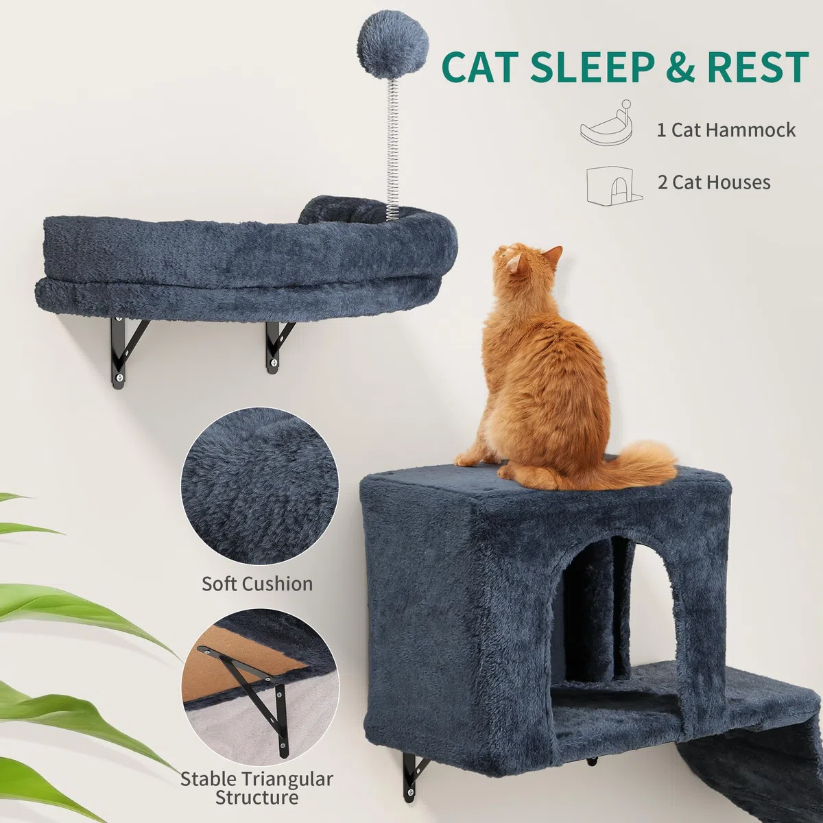 YITAHOME 8PCS Estante de Escalada para Gatos Montado en La Pared, Muebles de Pared de Madera para Gatos Árbol para Gatos con Postes Rascadores/Casa/Puente/Escaleras/Bola Colgante, Gris Oscuro