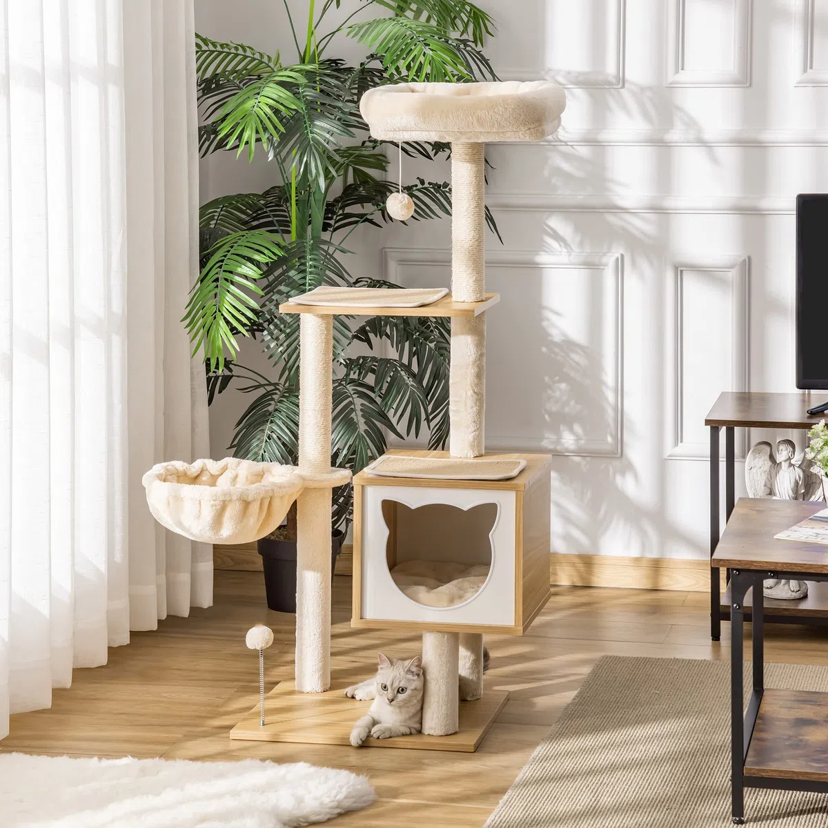 PawHut Árbol Rascador para Gatos 126 cm con Plataformas Hamaca Cueva Beige | Árbol para Gatos, Torre Escalador, Cama, Postes de Sisal, Bolas, Cojines Lavables