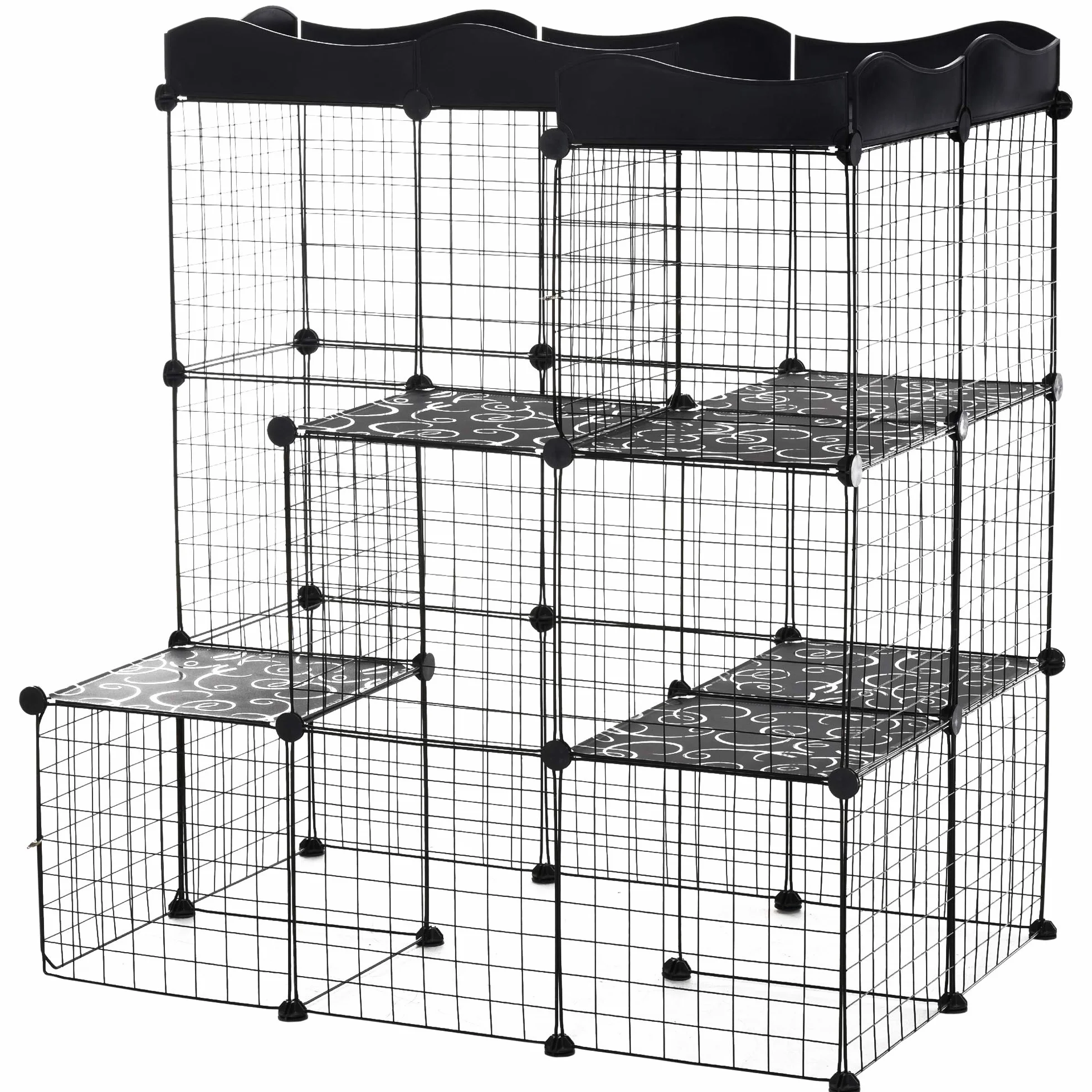 PawHut Jaula para Animales Pequeños 40 Paneles DIY 105x70x116 cm Negro | Parque para Mascotas, Valla Metálica, para Conejos Cobayas Gatito
