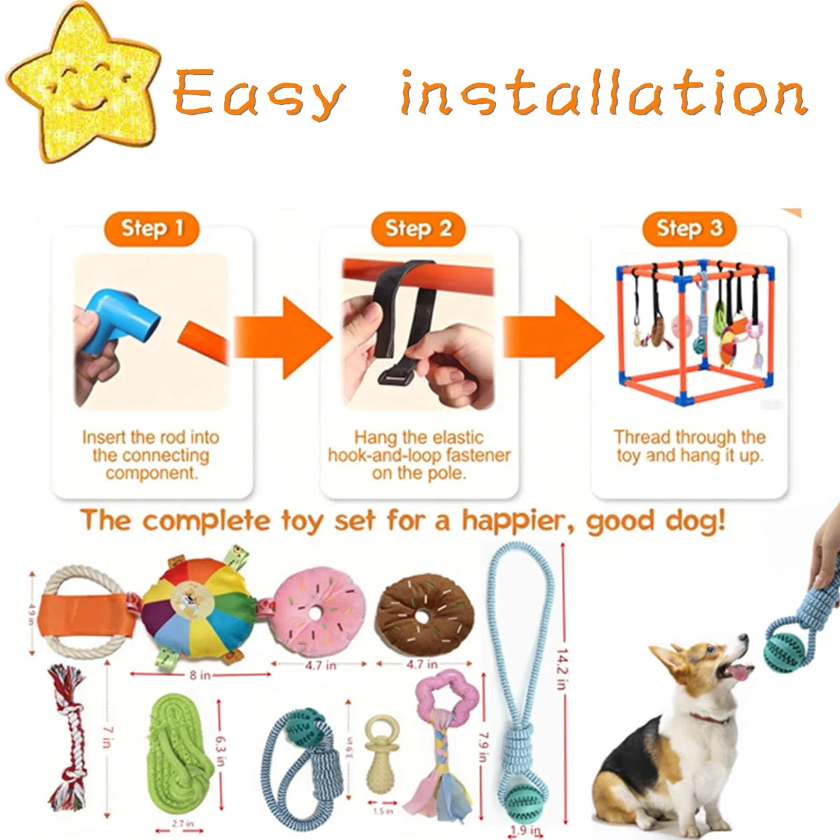 Gimnasio de juego para cachorros para perros pequeños con 8 juguetes colgantes, enriquecimiento interactivo extraíble, parque infantil interior de la selva, marco de PVC ajustable con correas
