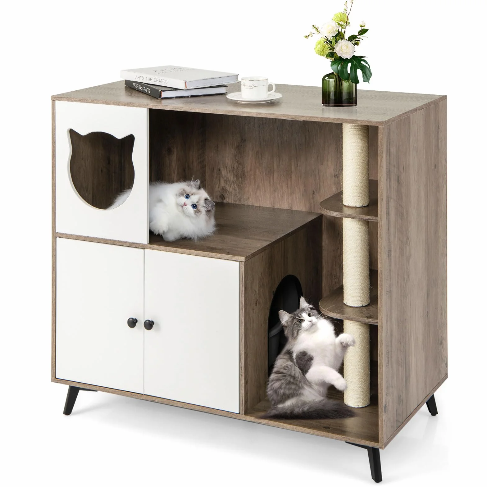 COSTWAY Mueble Arenero para Gatos con 3 Postes Rascadores de Sisal, Condominio para Gatos, Mueble para Caja de Arena 5 en 1 con Baño Oculto para Gato, Carga 30 kg, Gris y Blanco