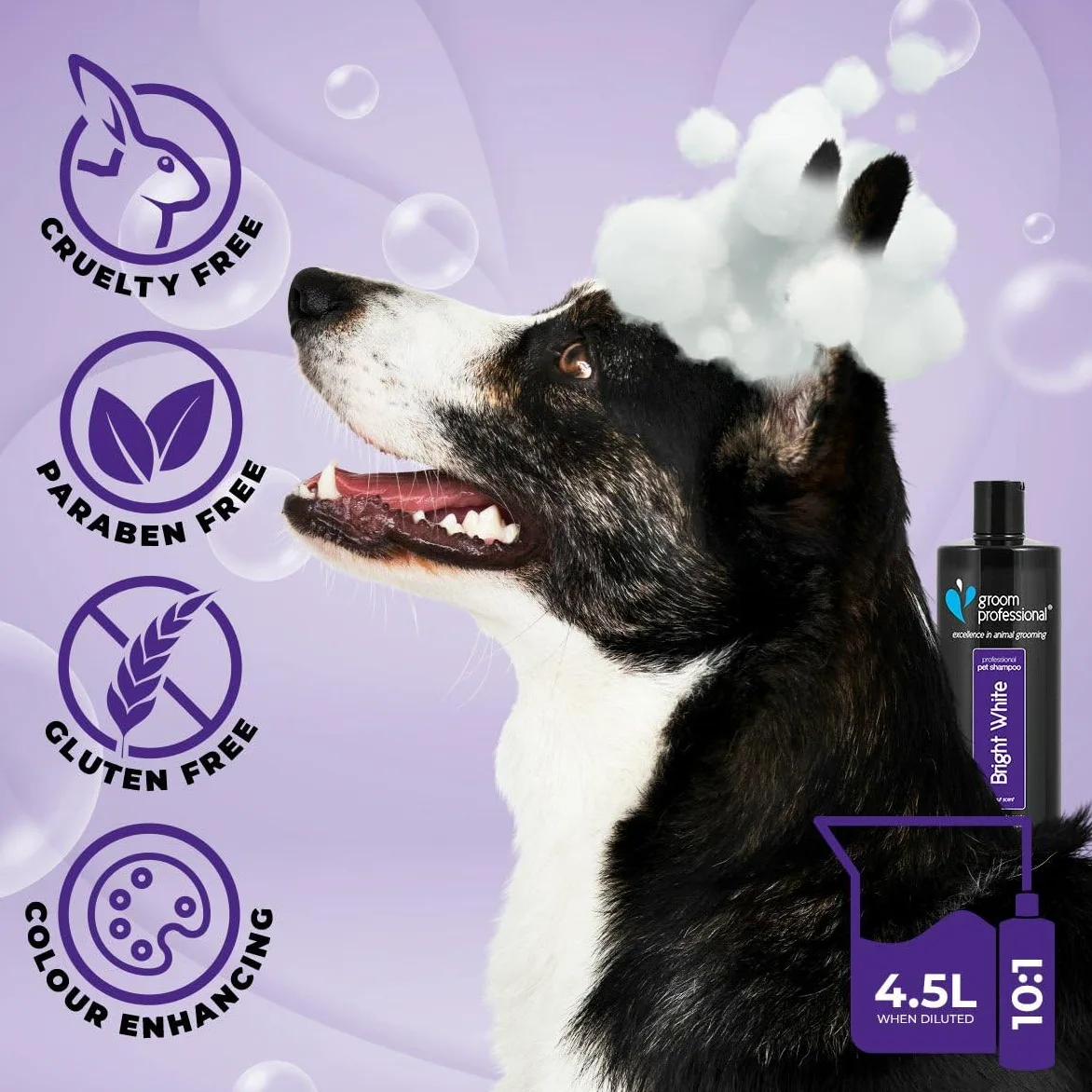GROOM PROFESSIONAL Bright White - Champú blanqueador para perros, mejora los tonos blancos, fórmula de limpieza profunda para pelajes sucios, aceite de coco añadido para calmar la piel seca o con