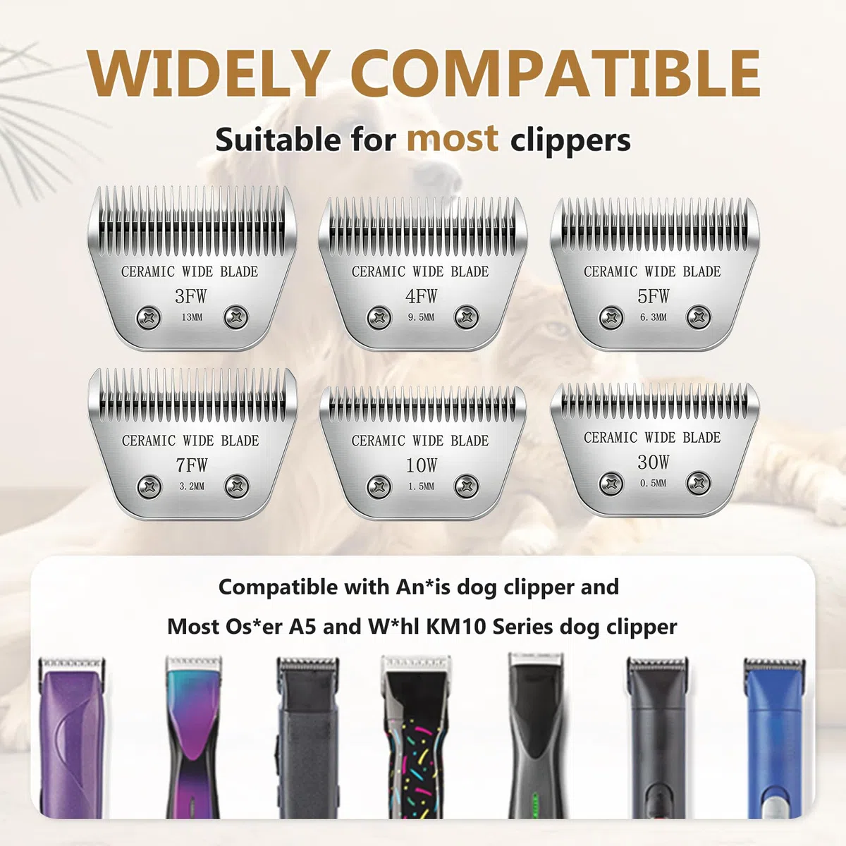 Cuchillas anchas de cerámica de precisión para el aseo de perros, compatibles con Andis, Oster A5, Wahl km10, cuchilla de repuesto para aseo de perros y gatos (10 W (1,5 mm)