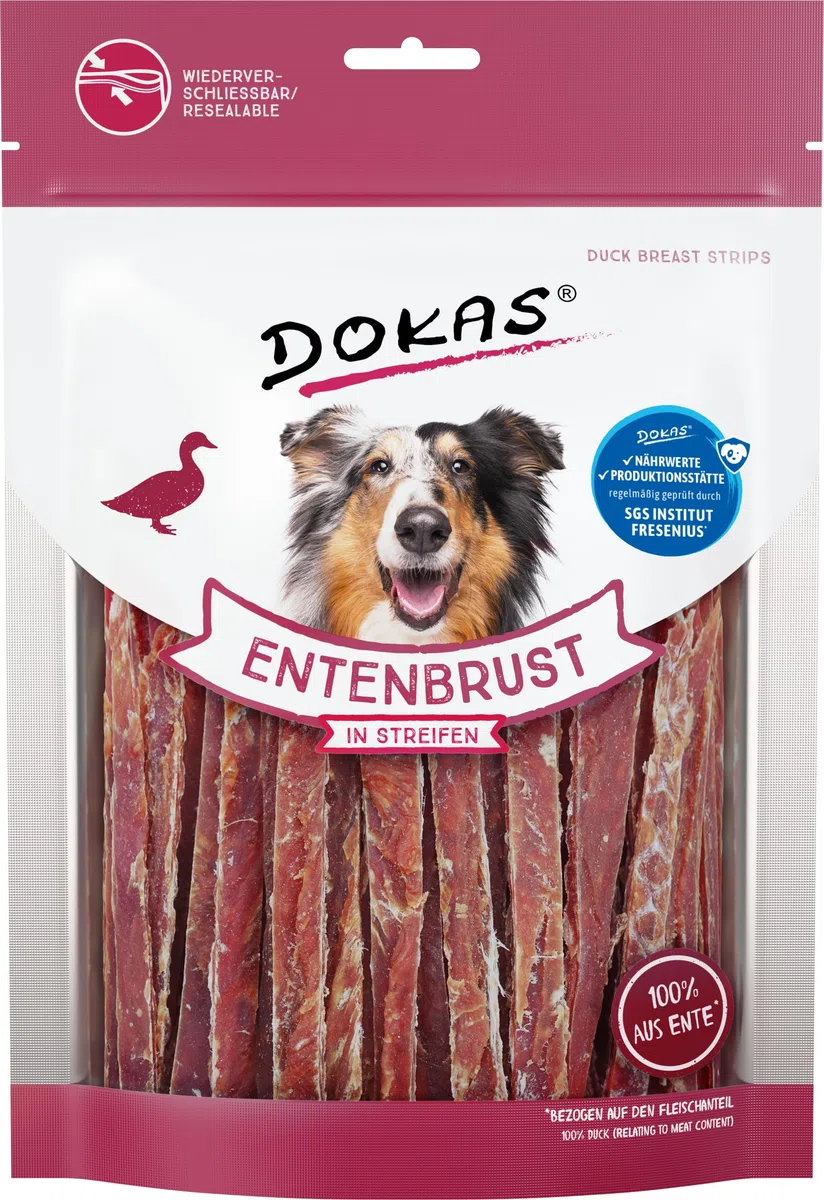 DOKAS Snack Premium sin Cereales en Tiras para Perros – de Filete de Pecho de Pato, 8 unidades