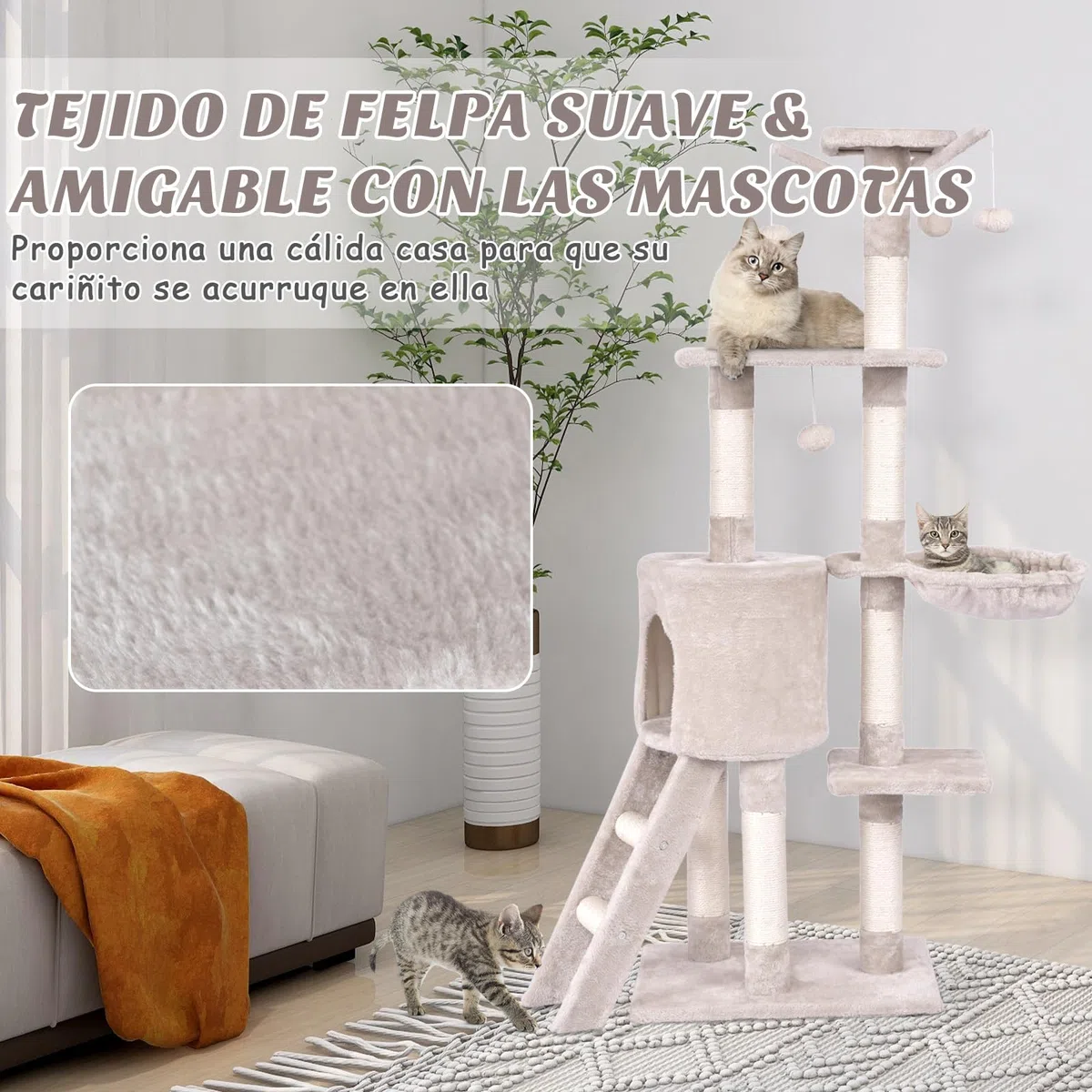 COSTWAY Árbol Rascado para Gatos de 140 cm de Altura, Torre Multinivel para Gatos con Postes de Sisal, Plataformas, Nido, Hamaca, Escalera y Bola, Centro de Actividades para Gatos de Interior, Beige