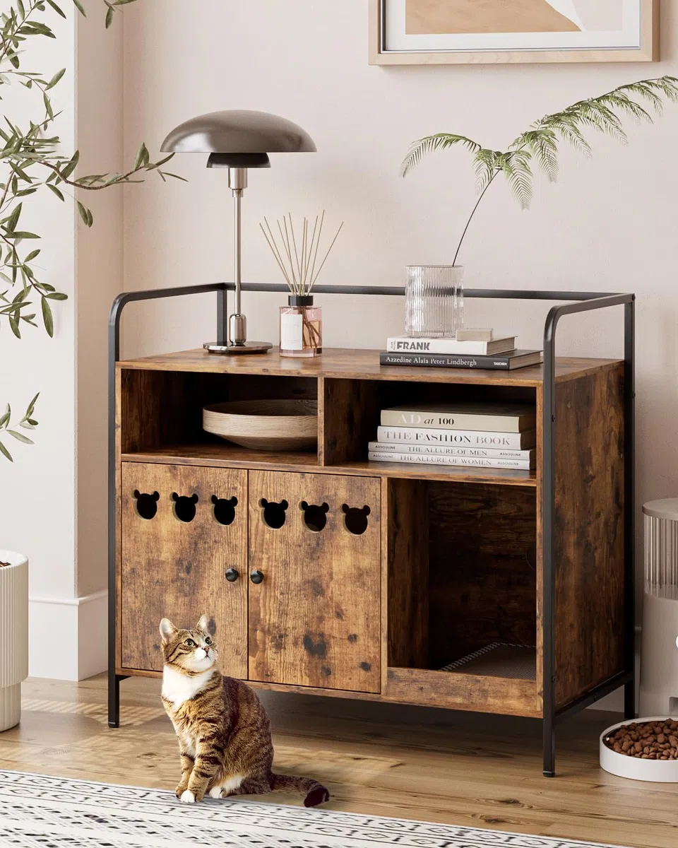 Caja de Arena para Gatos, casa para Interiores, Moderna Caja de Basura de Medio Century, Muebles Ocultos con Alfombrilla para rascar