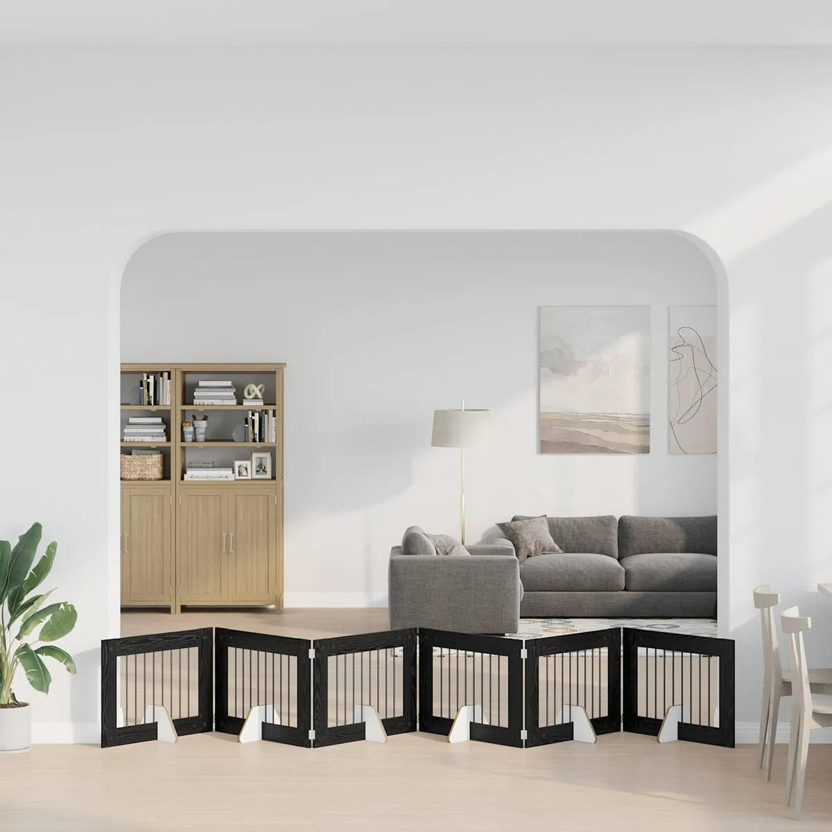 Portería para perros con soporte 6 piezas de roble negro 80 x 60 cm plegable y portátil, perrera de metal como barrera para interiores, protección y seguridad para cachorros y perros mientras