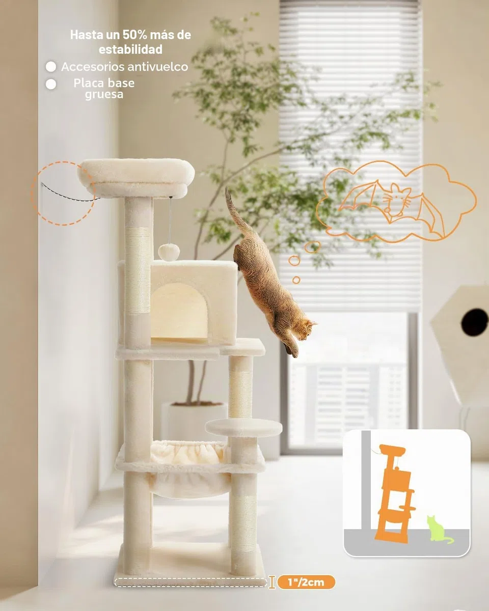 PAWZ Road Árbol para Gatos Con Hamaca de Felpa de Metal, Torre Con Casa Condo de 2 Puertas, Estantes de 6 Niveles Con Poste Rascador, Gran Barra Superior Beige 116 cm