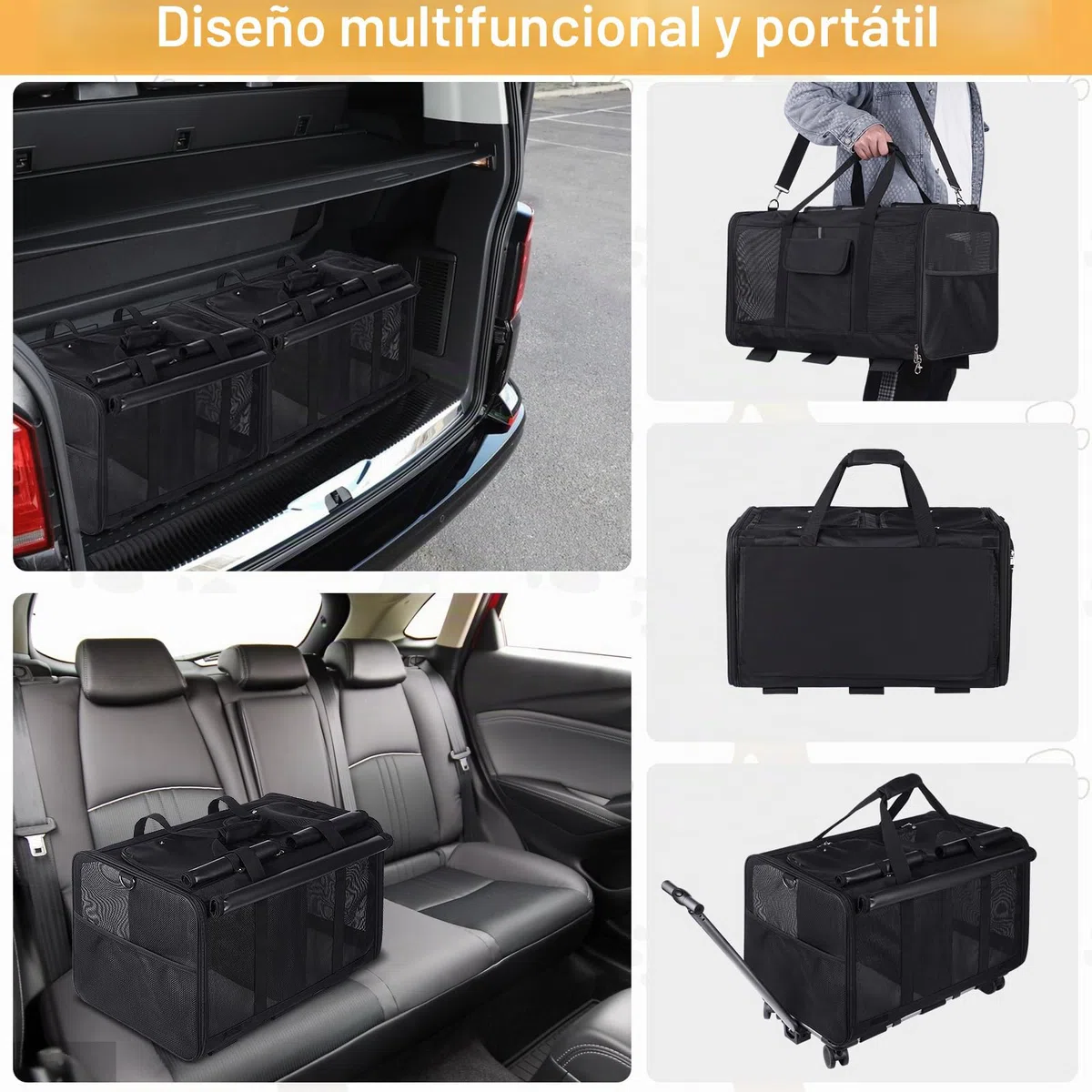 Portamascotas extragrande con dos compartimentos y ruedas desmontables para gato/perro, transportador plegable para 2 gatos, bolsa de viaje para paseo/camping (negro)