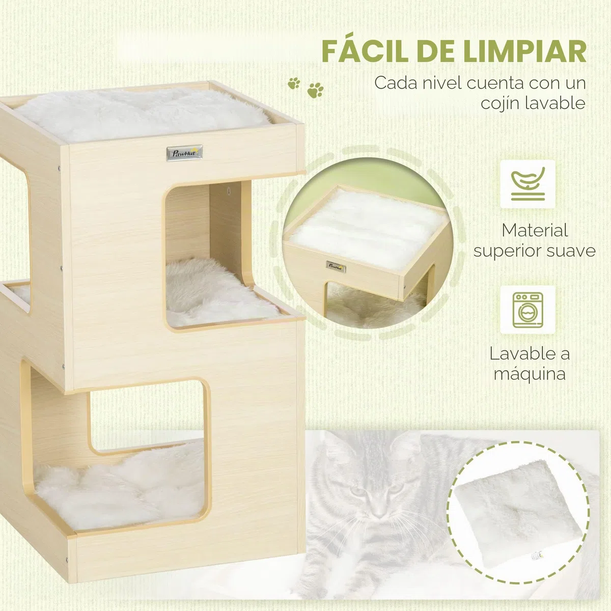 PawHut Cueva para Gatos, Armario para Gatos de 3 Niveles con Cojines, cabaña para Gatos, casa para Gatos con Juguete Falso de ratón, Muebles para Gatos, Interior, Roble, 34 x 34 x 60 cm | Cama para gatos, tienda de campaña, casa para mascotas