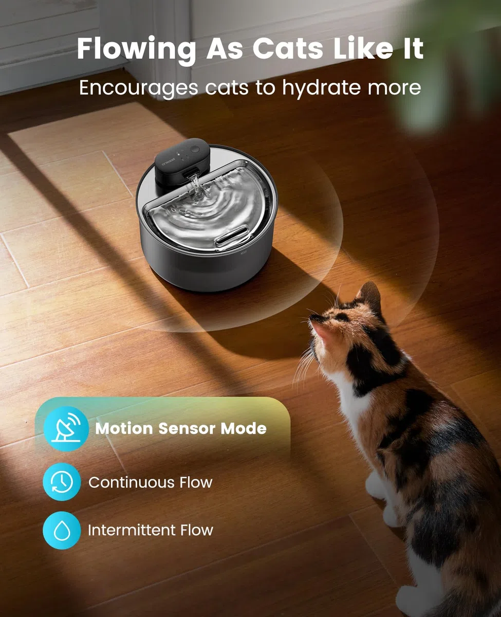 Fuente de agua para gatos con bandeja de acero inoxidable: 3,2 L oneisall Fuente inalámbrica para mascotas para gatos de interior, dispensador de agua automático a pilas para beber, ultra silencioso