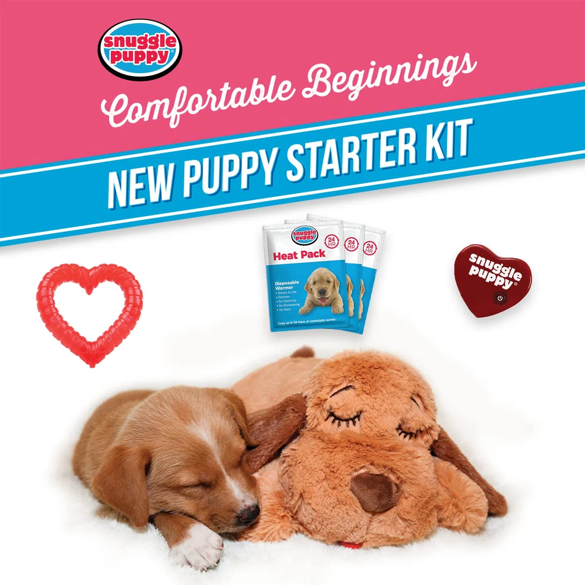 Snuggle Puppy Original Essentials - Kit de iniciación. Juguete para perro con latido del corazón y ayuda calmante con 3 paquetes de calor, juguete de dentición para cachorros, juguete masticable para