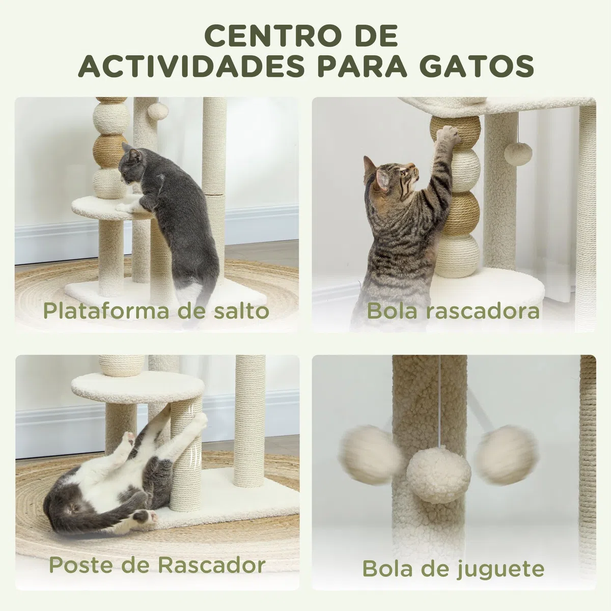 PawHut Árbol Rascador para Gatos Torre Escalador 76 cm Beige | Árbol para Gatos, con Cama, Plataforma de Salto, Postes de Yute, Bolas de Juguete