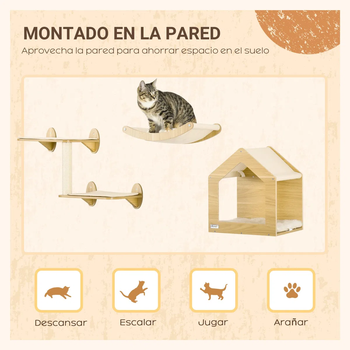 PawHut Estantes para Gatos de Pared 3 Piezas con Caseta y Hamaca Roble | Juego de Estantes Escalada para Gatos, Plataformas, Poste de Sisal