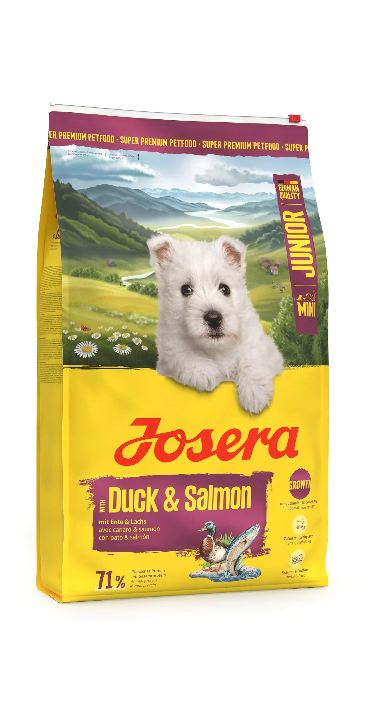 JOSERA Mini Junior Pato y salmón (1 x 10 kg) | Pienso seco de primera calidad para perros en crecimiento de hasta 10kg | Pienso para cachorros sin gluten para un desarrollo óptimo | Croquetas pequeñas