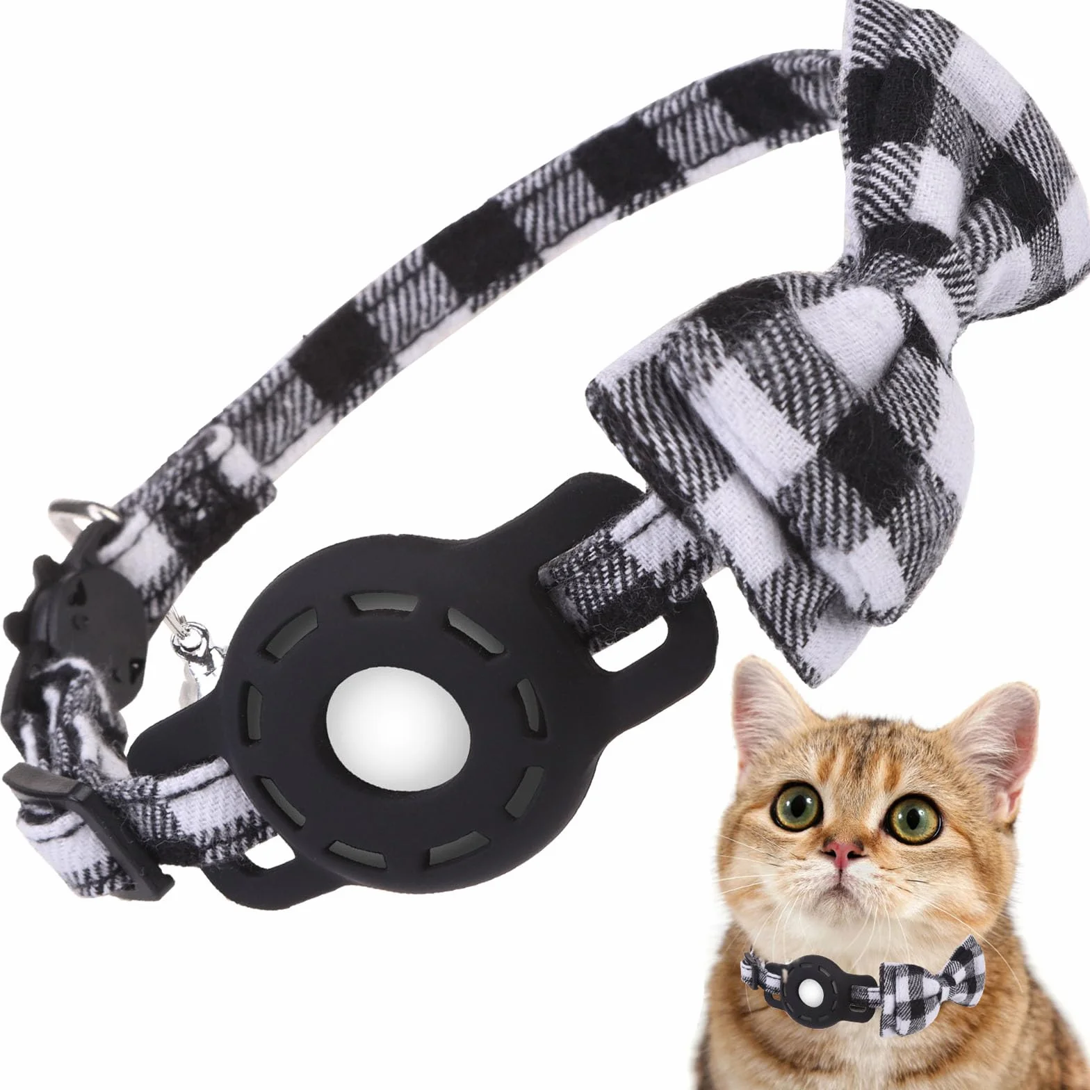 Collar de gato Airtag con campanas y pajarita, bonita banda elástica de seguridad ajustable, collares para mascotas con soporte impermeable para Airtag, collares de gato con rastreador GPS