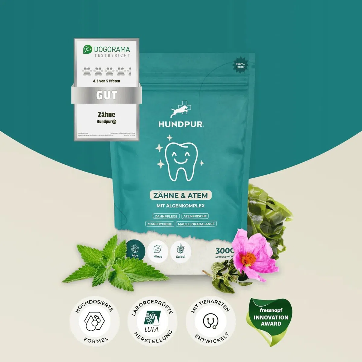 Dientes con complejo de algas, 300 g, polvo para el cuidado dental para perros, contra la placa y el sarro, cuidado dental natural, para todas las razas y cachorros