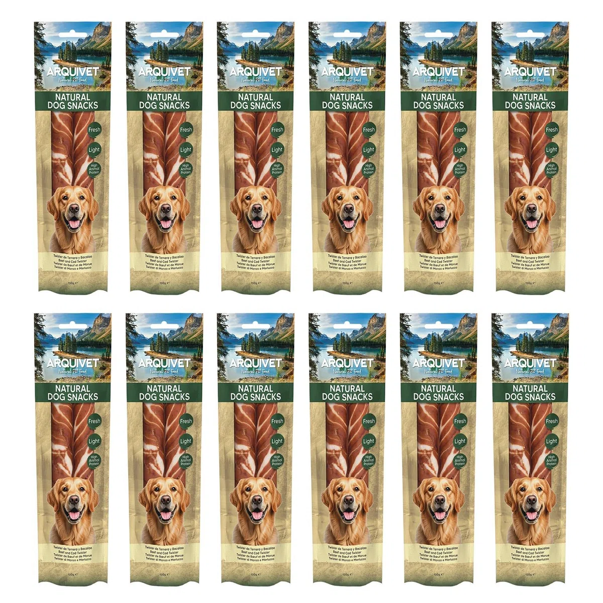 Snacks para Perro (Pack de 12) - Twister de Ternera y Bacalao 24cm - 150gr, Natural Dog Snacks - Arquivet