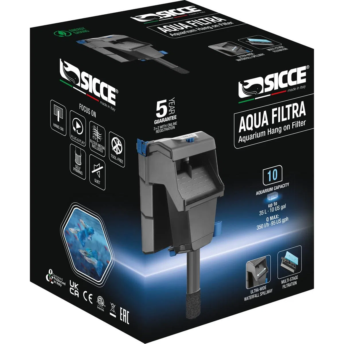 Sicce Aqua Filtra 10 - Filtro de alimentación para acuarios de hasta 10 galones, silencioso de 3 etapas para agua dulce y salada