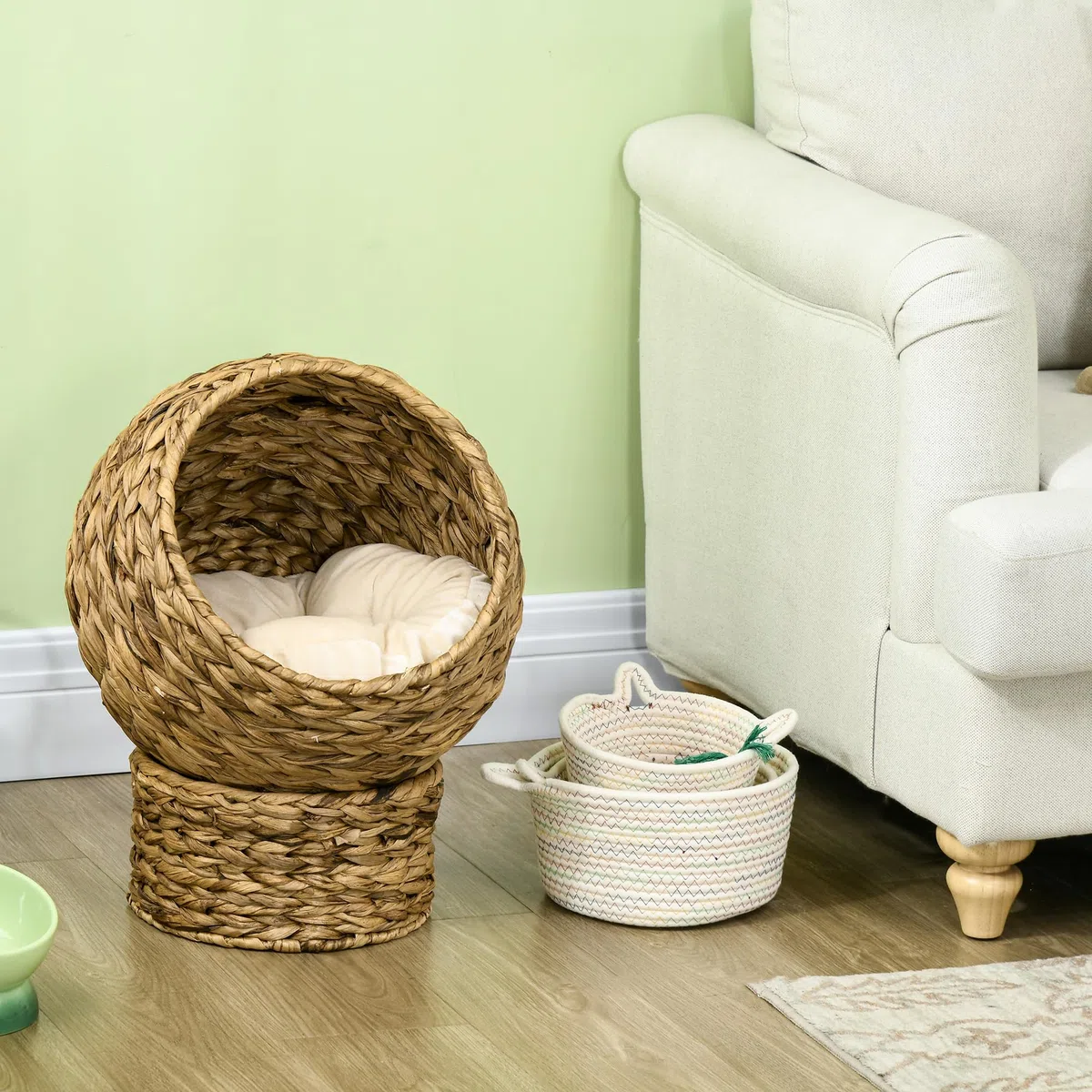 PawHut Cama para Gatos de Mimbre Desmontable 40x37x51 cm Marrón y Beige | Cueva para Gatos, con Cojín Extraíble