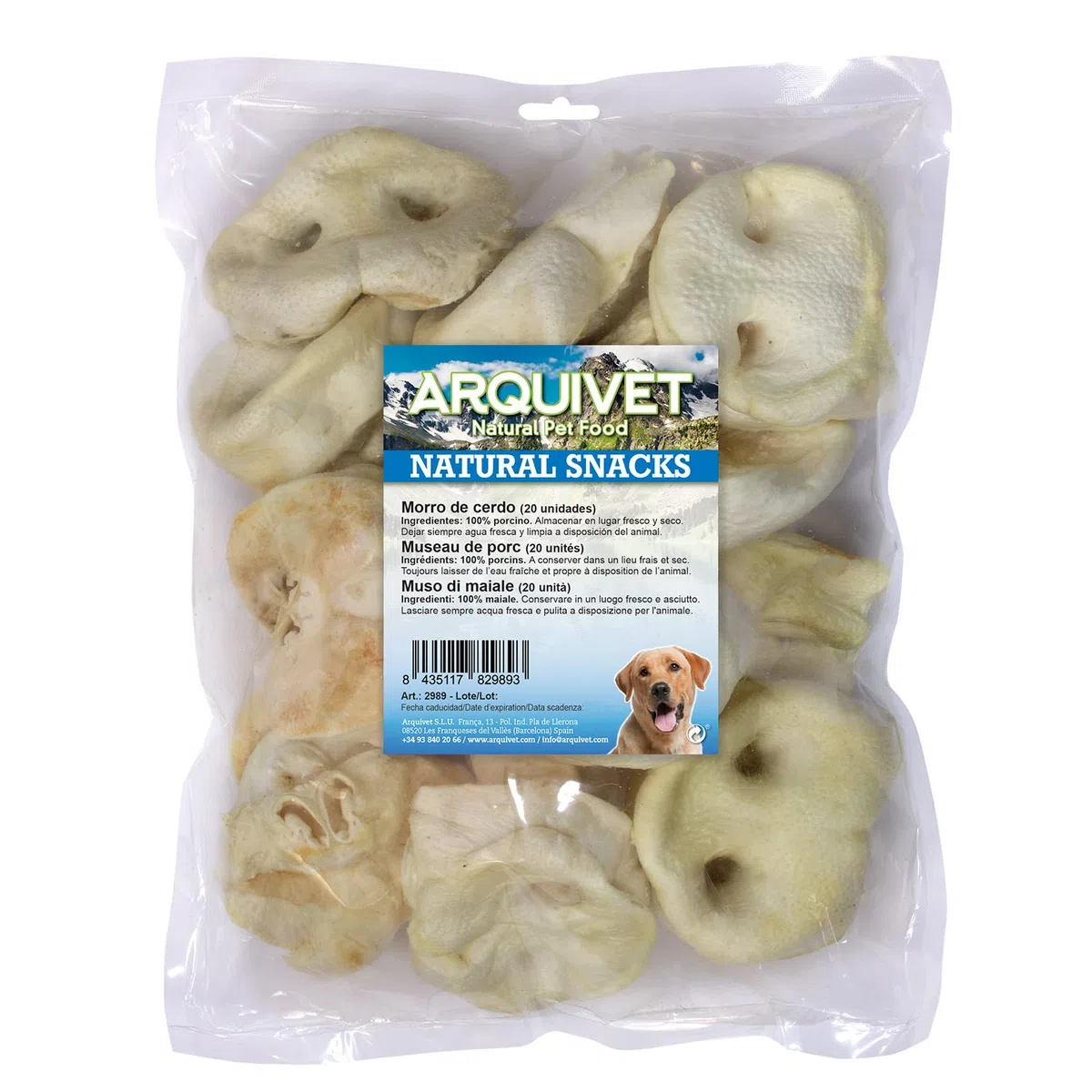 ARQUIVET Morro de Cerdo en Bolsa de 20 uds - Snacks 100% Naturales para Perros - Premios, recompensas, chuches, golosinas, chucherías caninas - Ayuda a la Limpieza Dental