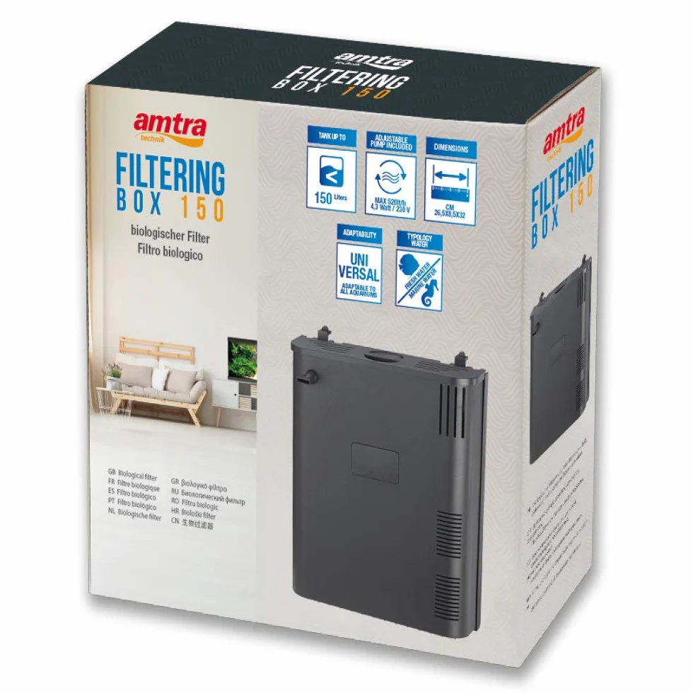 Amtra Filtering Box Black 150 Filtro Interno Biológico Para Acuarios Con Bomba De 520 L/H Y Material Filtrante Profesional