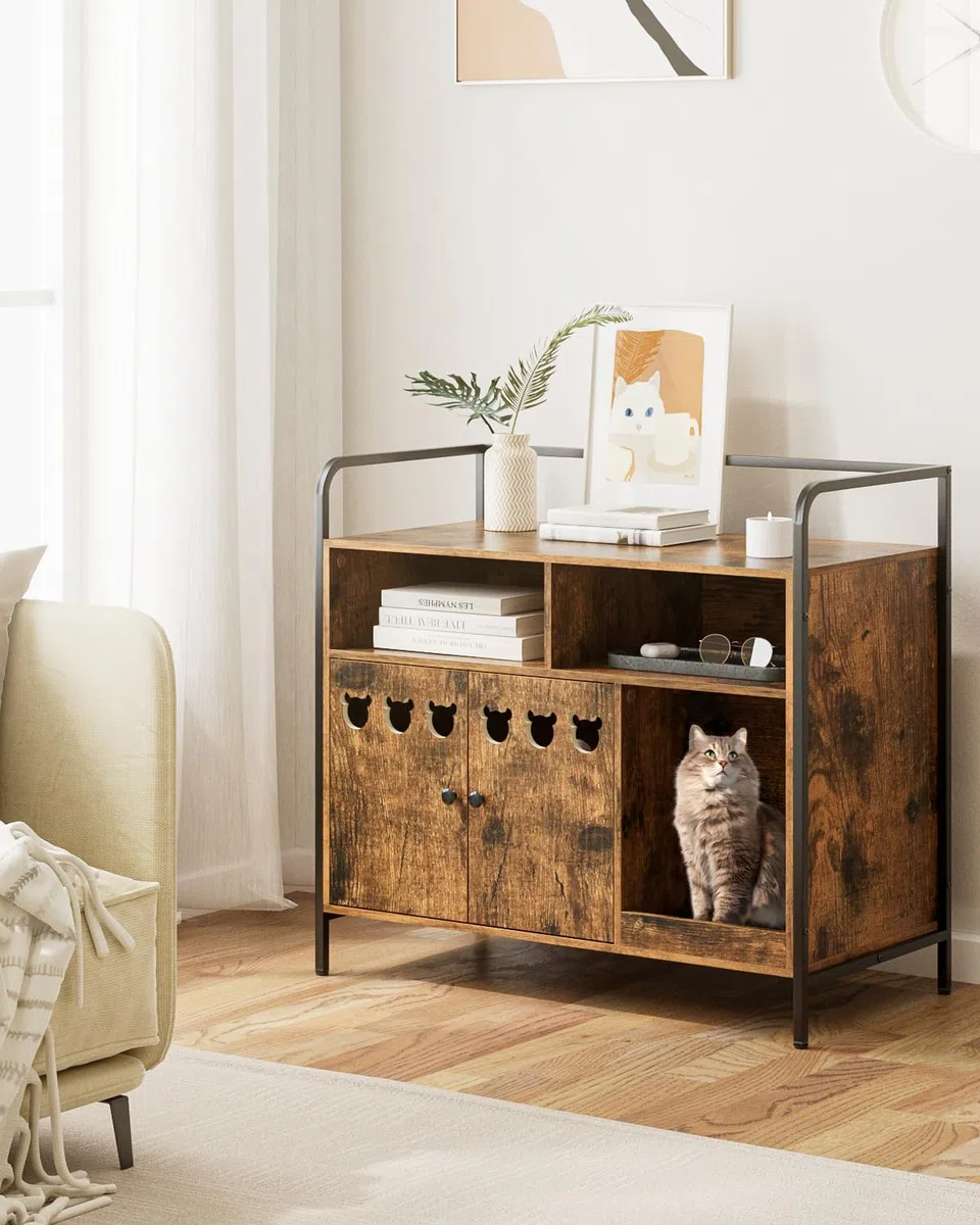 Caja de Arena para Gatos, casa para Interiores, Moderna Caja de Basura de Medio Century, Muebles Ocultos con Alfombrilla para rascar