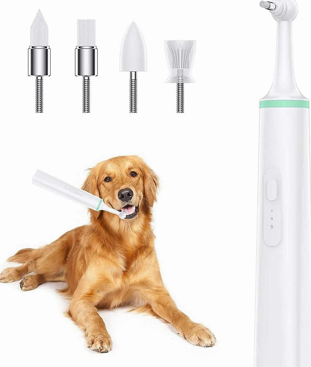 Cepillo de dientes eléctrico para mascotas, herramienta de limpieza de boca de perro, cepillo de dientes ultrasónico para perro con 4 cabezales de cepillo para borrador de manchas, pulidor de dientes