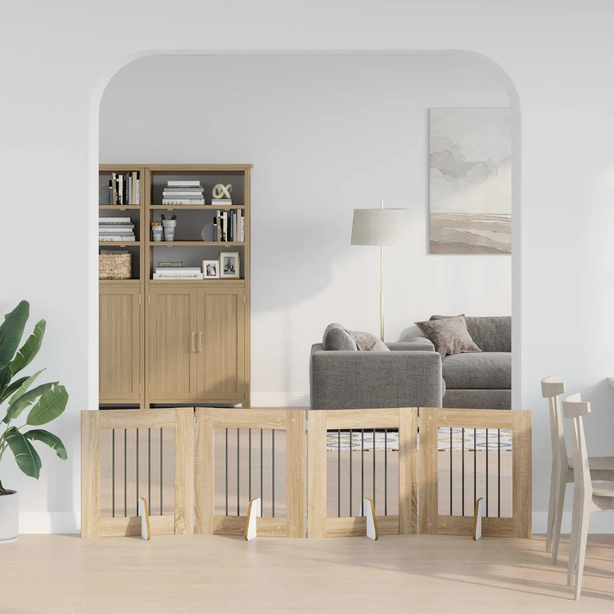 Portería para perros con soporte de madera de roble Sonoma, 241 x 60 cm, plegable, 4 piezas, interior para perros, cachorros, seguridad, protección