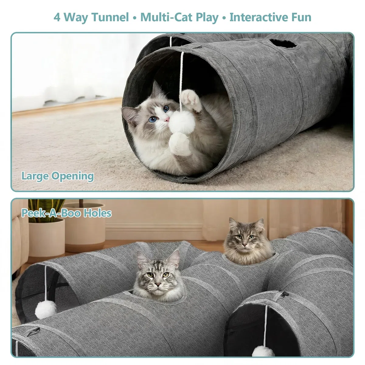Ownpets Túnel para gatos, túnel para mascotas con forma de cactus más grande con tela Oxford resistente, plegable y resistente a desgarros, con múltiples salidas, bola colgante y varita teaser, gris,
