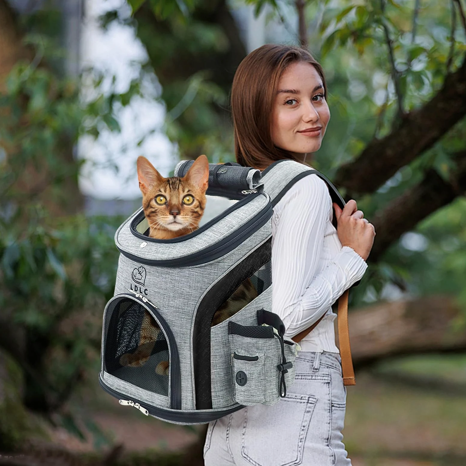 PETCUTE Mochila para Perros Pequeños,Transpirable Bolsa Transportar Gatos con Cinturón de Seguridad Interno,Adjustable Mochila Mascotas con Bolsillos,Carga Máxima 16lbs,para Viajar en Tren/avión
