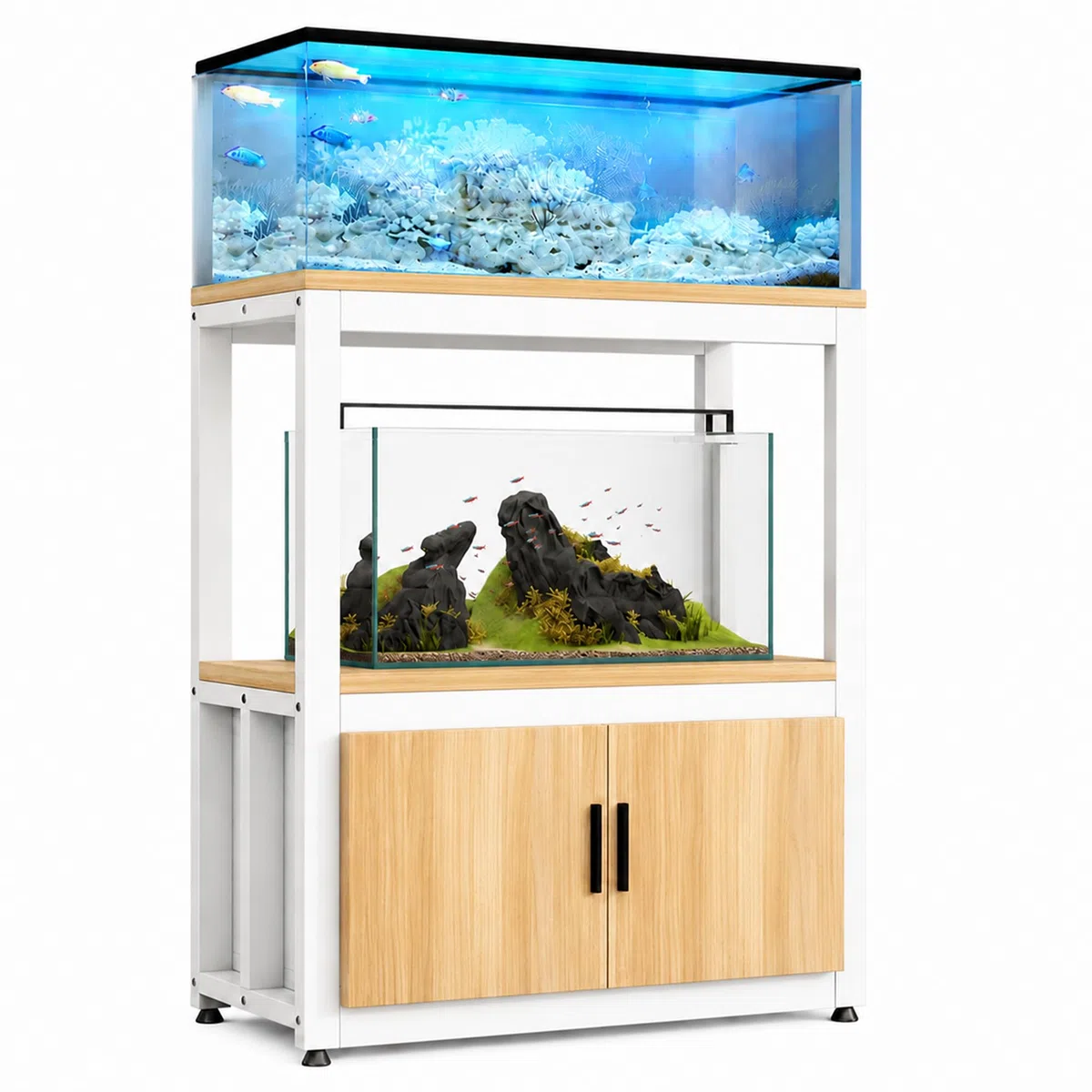JSWHYBD Mueble para Acuario 76L ~ 110L, Soporte Robusto con Gabinete | Mesa de Doble Nivel para Terrario, Tortugas y Vivario, Salón, Oficina o Dormitorio(B)