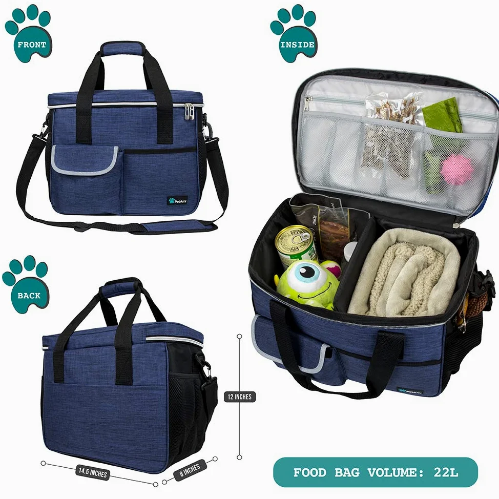PetAmi Bolsa de viaje para perros, organizador de bolsas de viaje para mascotas, bolsa de viaje para comida para perros con recipiente de alimentos y cuencos, suministros de viaje para perros,