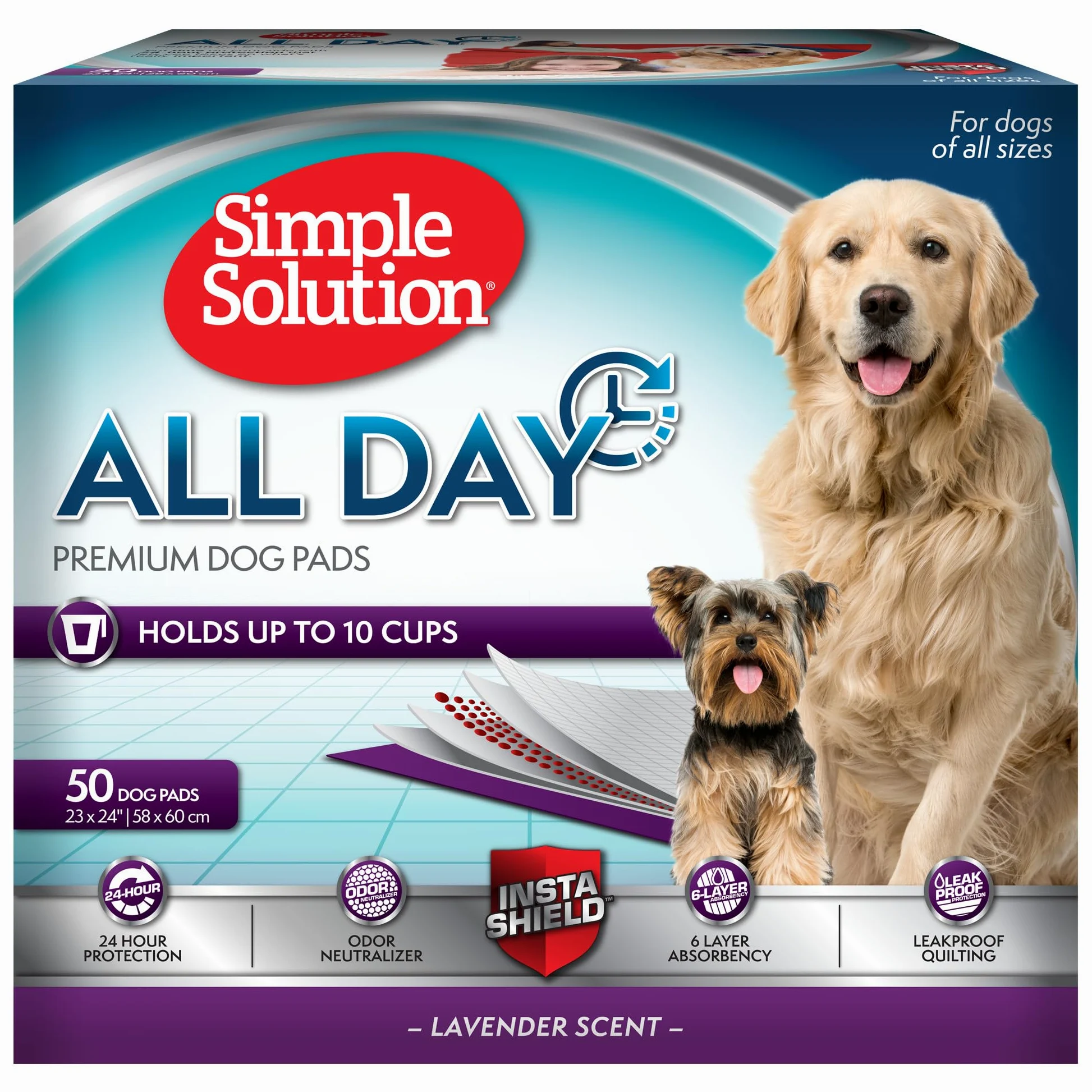 Simple Solution Almohadillas para perros Todo el día Premium 6 capas, aroma lavanda paquete de 50