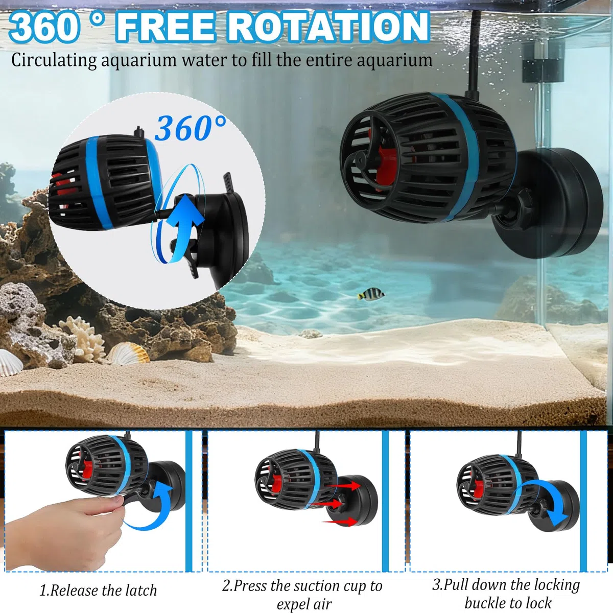 Bomba de circulación para acuarios Wavemaker, DC 12V 20W Mini Wavemaker, 10000 L/H, bomba de circulación para acuarios, 4 velocidades ajustables, para acuarios de 80-120L (fijación con ventosa)