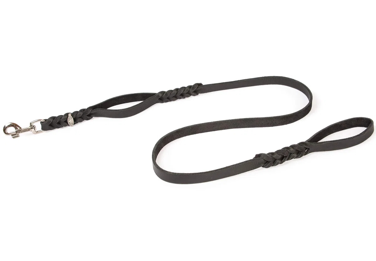 CopcoPet - Correa para perros negra 1,5 m x 20 mm de piel de vacuno de alta calidad - Correa de piel engrasada suave con mosquetón de acero - Correa trenzada con 2 correas de mano - Accesorios para