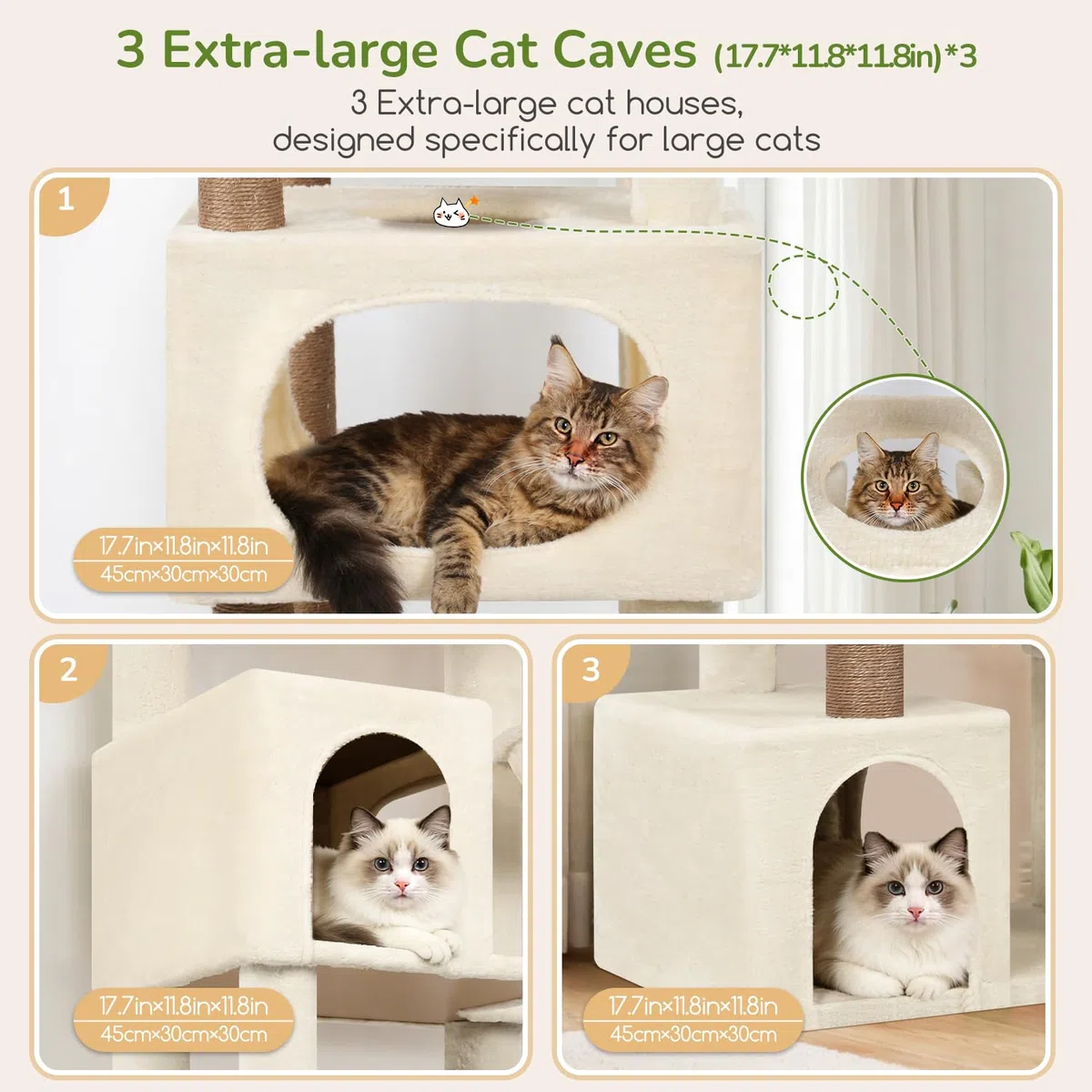 Globlazer Árbol Rascador para Gatos Beige XXL 203 cm Alto con 3 Grande Nidos 45*30*30CM, Extragrande Plataforma, Cesta, Juguetes, Estable Rascador para 4-6 Gatos Adultos Jugar Interior (S80, Beige)