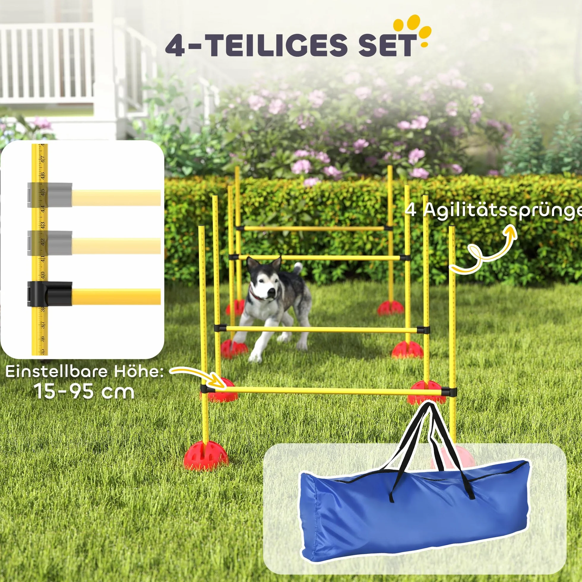 PawHut Agility Set Perros 5 Piezas rellenables Agilidad Equipo para el Entrenamiento del Perro Valla Conjunto con Vallas de Altura Ajustable Bolsa de Transporte Accesorios de Entrenamiento de
