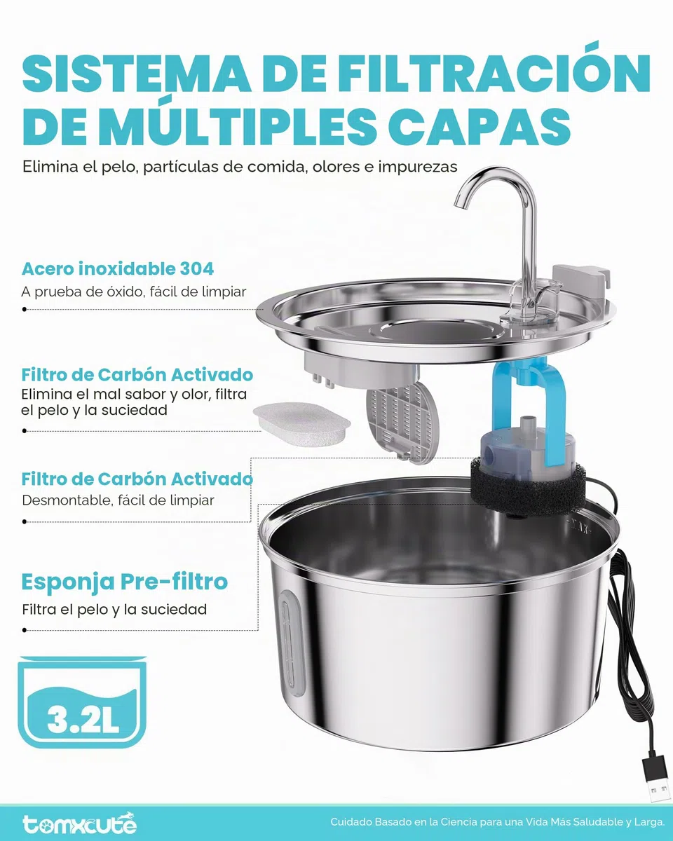 Tomxcute - Fuente de Agua para Gatos, dispensador automático de Agua de Acero Inoxidable de 3.2 l/12 onzas, Bomba Ultra silenciosa y 3 filtros de Repuesto y para Gatos, Perros, múltiples Mascotas