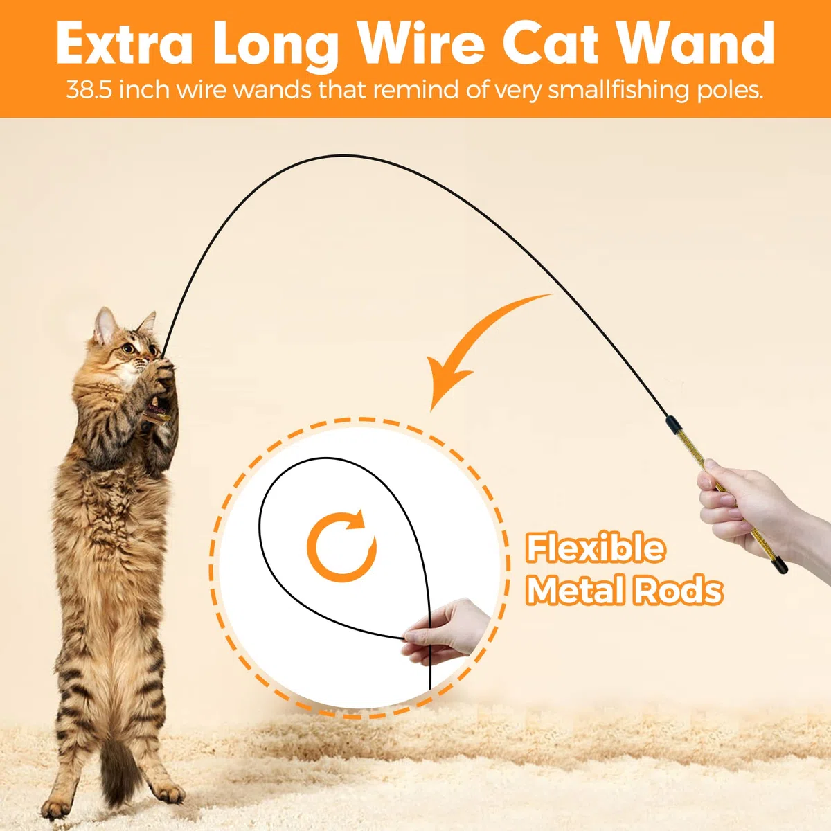 Juguete de varita para gatos, juguetes de plumas de gato con vid plateada y campanas, 2 varitas para gatos y 6 recambios de teaser, varita de alambre extra larga de 38.5 pulgadas, juguete para