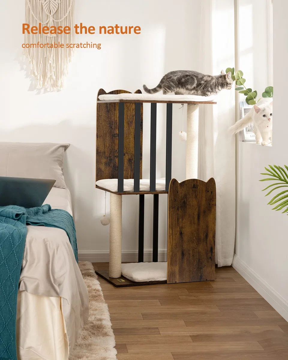 FourFurPets 3 Niveles Moderno Árbol para Gatos, Altura 111 cm, Torre de Gatos, con 2 Postes de Sisal, 3 Gran Plataformas, Pompones, Marrón Rústico