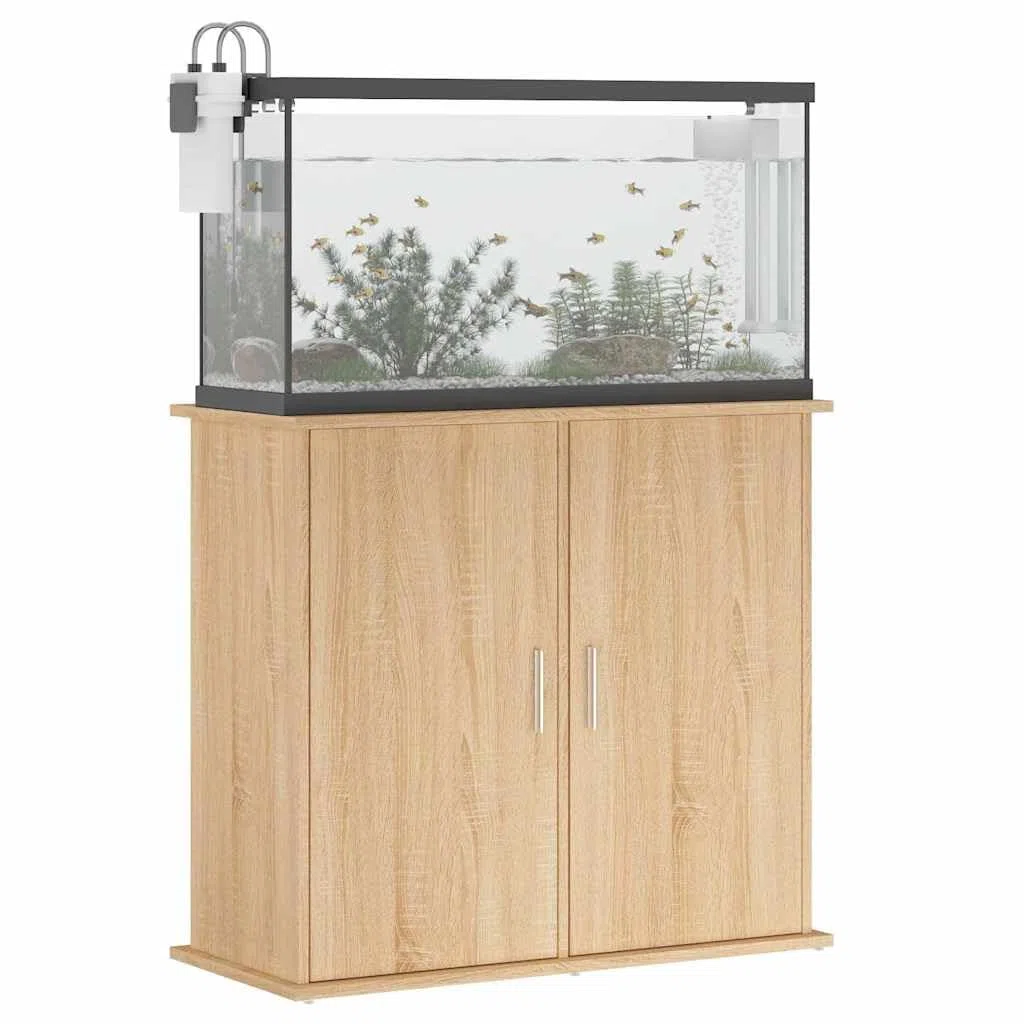 Soporte para acuario, roble Sonoma, madera de 81 x 36 x 73 cm, con espacio de almacenamiento, armario inferior estable para agua dulce y agua de mar, estantería con puertas para accesorios y