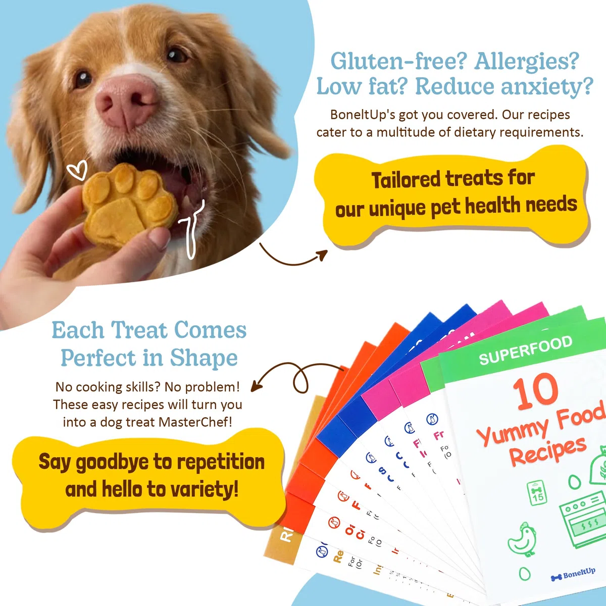 BoneItUp Juego de golosinas caseras para perros, moldes de silicona, cortadores de galletas con recetas saludables aprobadas por veterinarios, golosinas para cachorros con patas y huesos, bandejas de