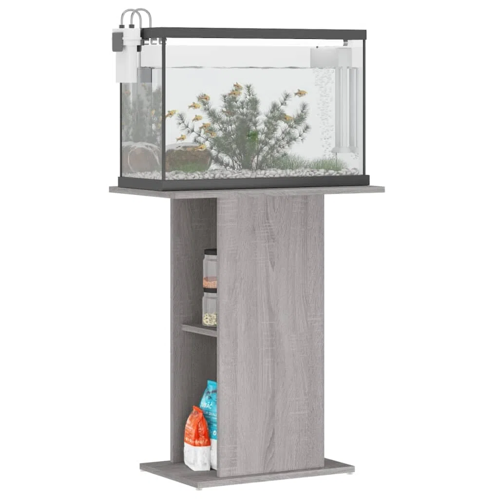 Soporte para acuario, gris Sonoma, material de madera, 60,5 x 36 x 72,5 cm, armario inferior estable con espacio para peces, accesorios y almacenamiento en el salón, oficina o dormitorio