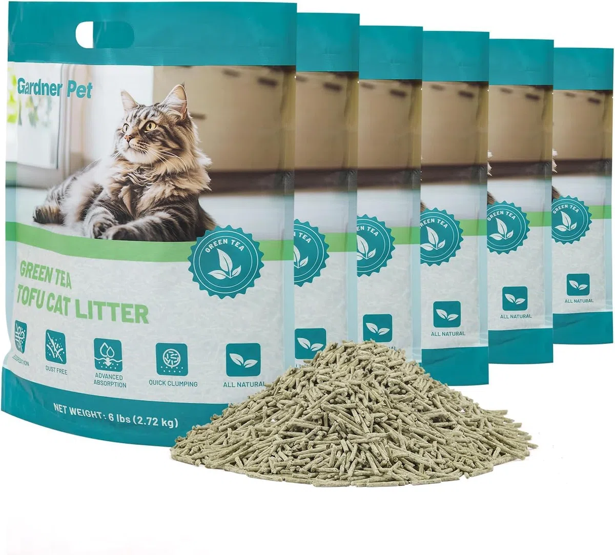 Gardner Pet Arena de Tofu para Gatos, 16.2kg (6 x 2.7 Kg) | Contiene Extracto de Té Verde, Sin Polvo, Aglutinante Rápido, Apta para Desechar por el Inodoro