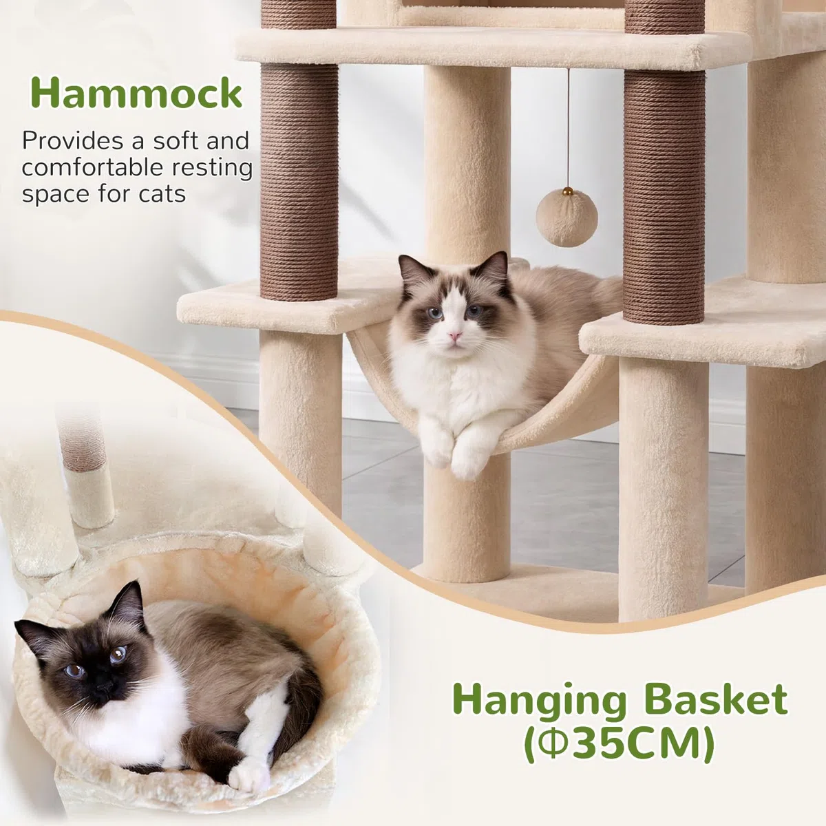 Globlazer Árbol Rascador Beige Estable con Inmenso Acolchada Plataforma 48*48CM, Grande Nido, Hamaca, Pendiente de Sisal, Cesta, Árbol Rascador 143 cm para Múltiple Gatos Adulto Interior (S56, Beige)