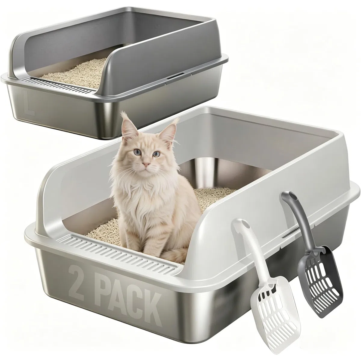 Juego de 2 Cajas de Arena para Gatos de Acero Inoxidable, con Borde Alto, 60 x 40 x 20 cm, Pala para areneros (Large)