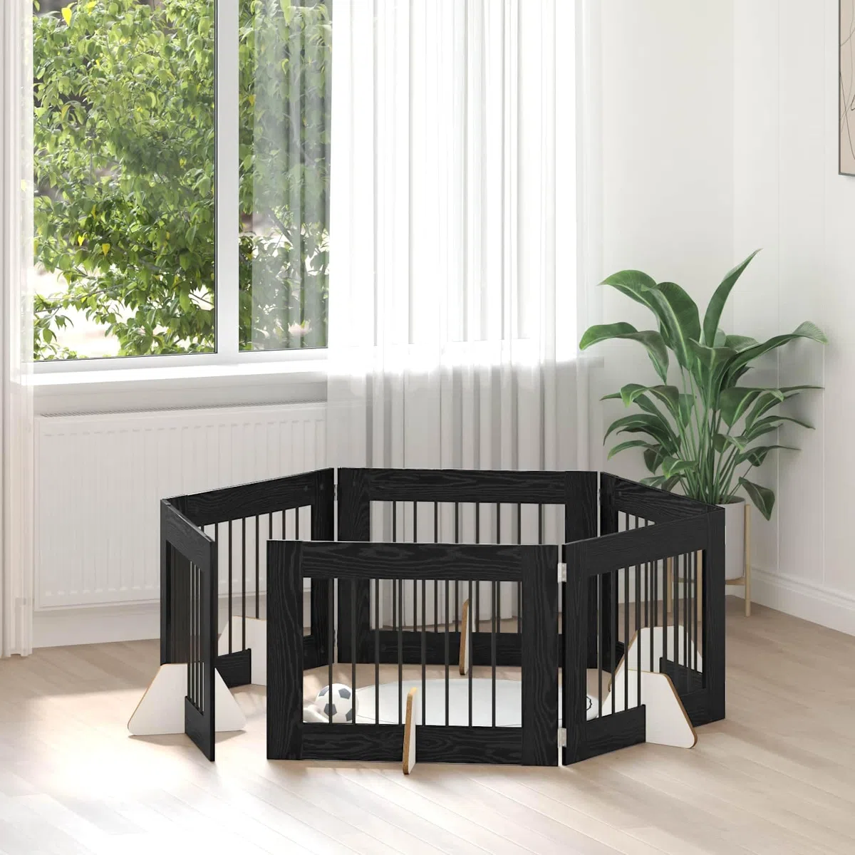 Portería para perros con soporte 6 piezas de roble negro 80 x 60 cm plegable y portátil, perrera de metal como barrera para interiores, protección y seguridad para cachorros y perros mientras